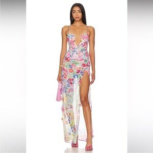 Revolve NBD Idres Maxi Dress in Floral Multi Deep V Neck & Side Slit Small